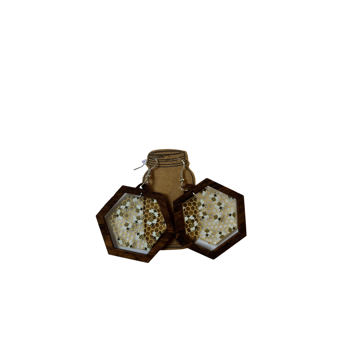 Bee Honeycomb Clear Acrylic Hexagon Wood Earrings