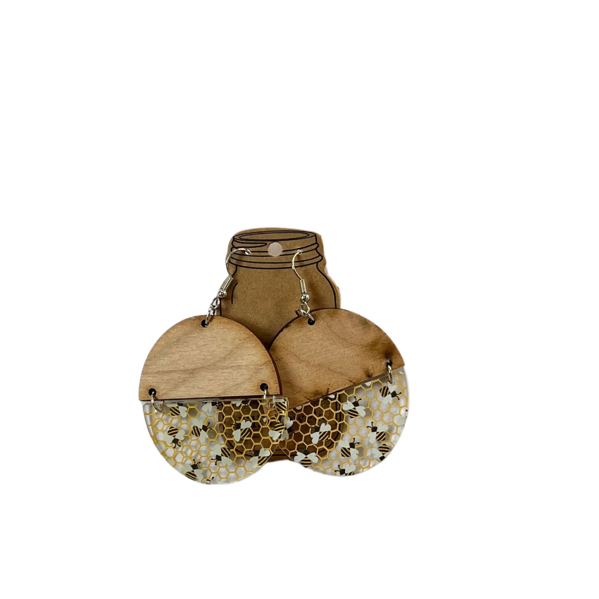 Bee Honeycomb Half Acrylic Half Wood Earrings