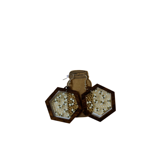 Bee Honeycomb Clear Acrylic Hexagon Wood Earrings